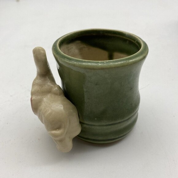 VTG Ceramic Planter Cup Vase Elephant Lucky Trunk Up Green Bamboo Asian 2 3/4”H - Picture 3 of 12